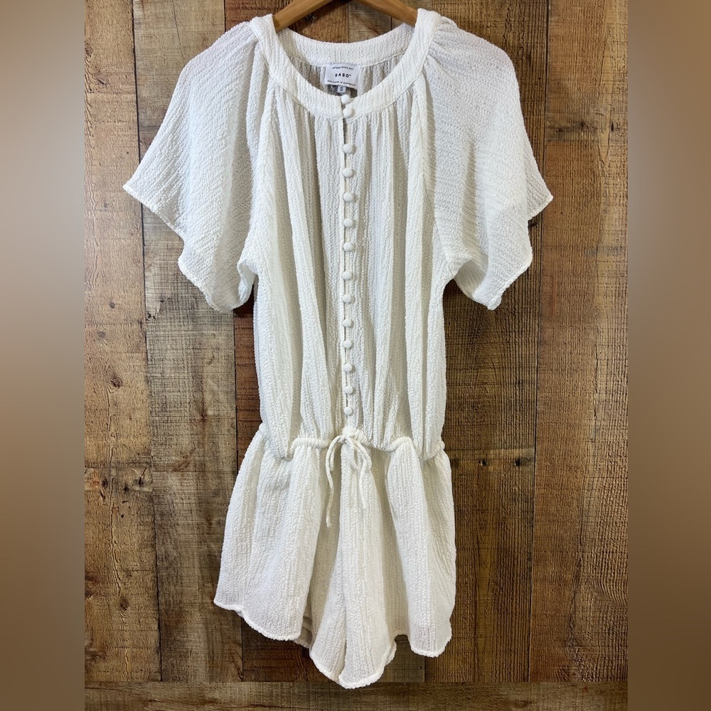 Sabo Romper Elasa Womens Small White Button Short Sleeve‎ Textured Crinkle Swim